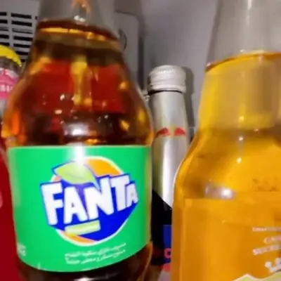 Une bouteille de Fanta à l'étiquette étrangère et un Canada Dry dans le frigo