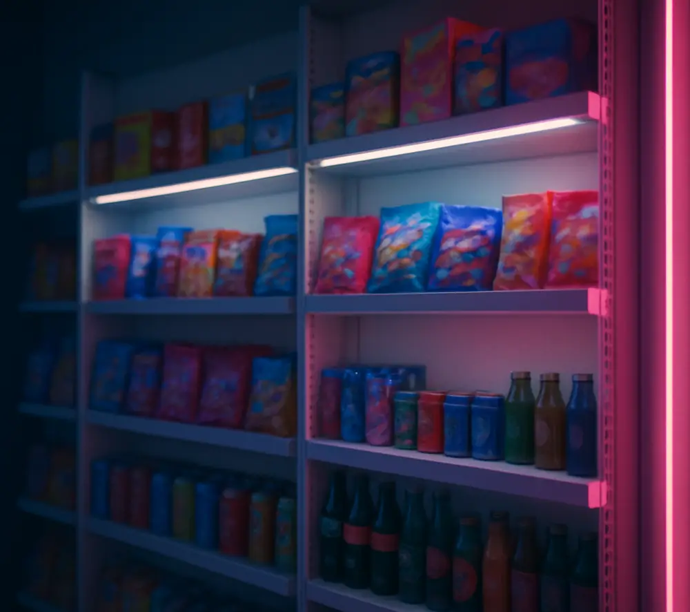 Des rayons de bonbons et de sodas, flous, dans une lumière rose